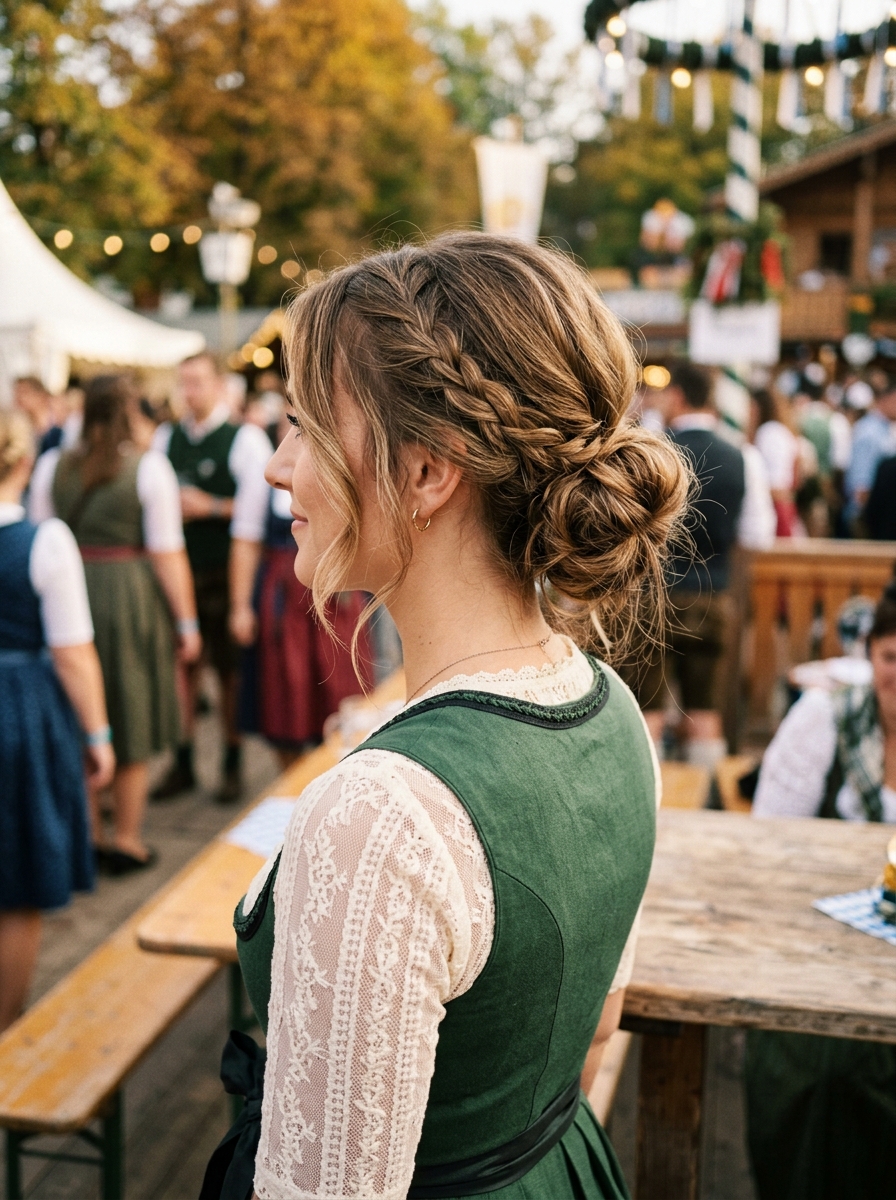 Low Bun mit geflochtenem Detail als Oktoberfest Frisuren Inspiration 2026